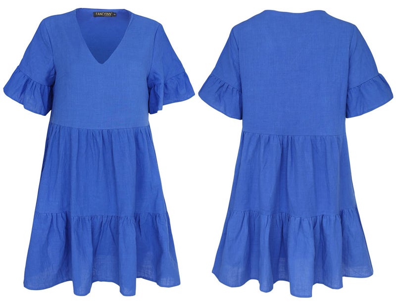 FANCYINN Womenâ€™s Blue Shift Tunic Mini Dress with Pockets Short Bell Sleeve V Neck Casual Swing Ruffle Hem Dress M - Image 5
